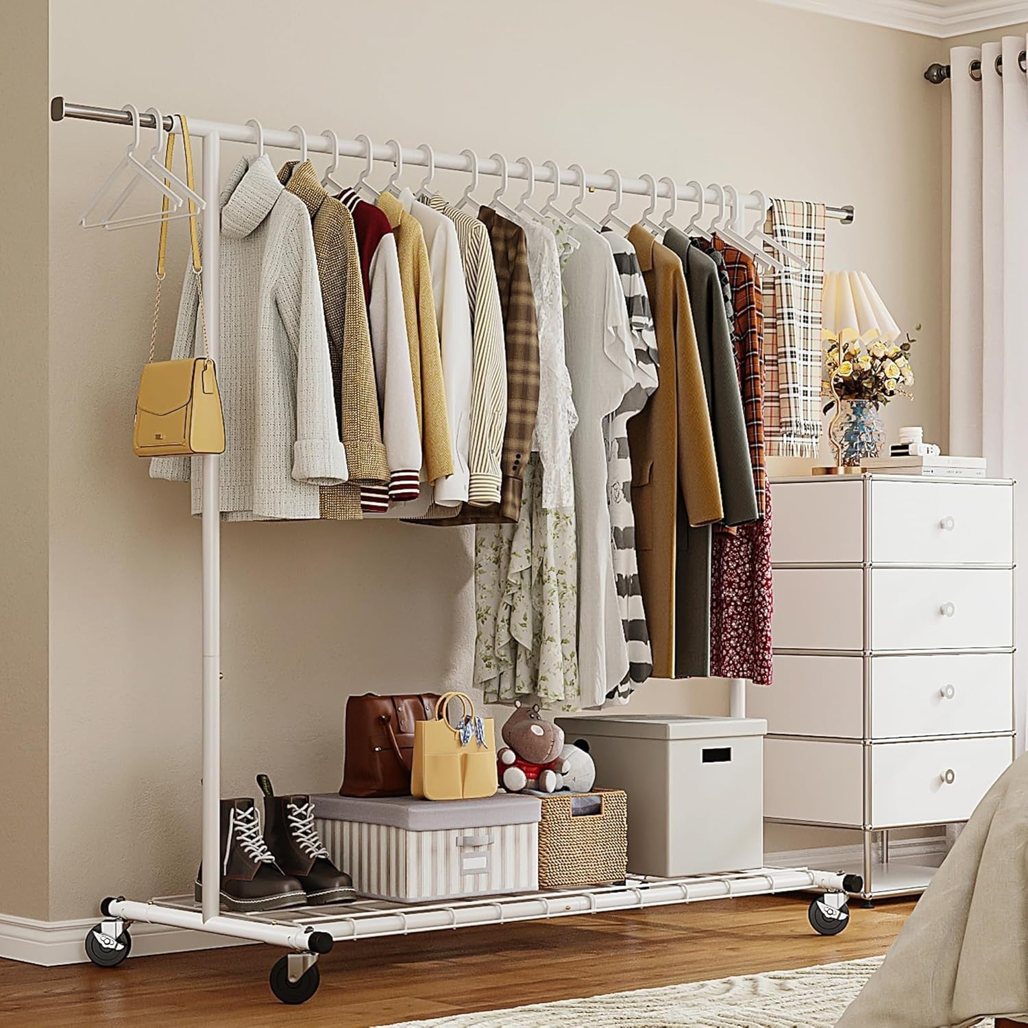 Heavy Duty White Clothes Rail 160cm Extendable Rack on Wheels