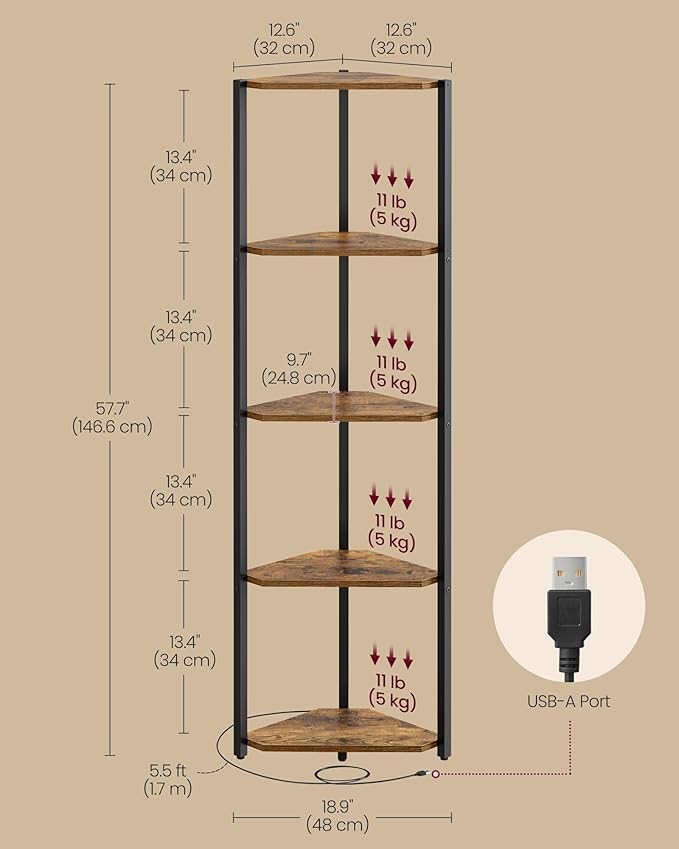 5-Tier LED Corner Shelf Unit Rustic Brown | Slim Space-Saving Display Bookcase