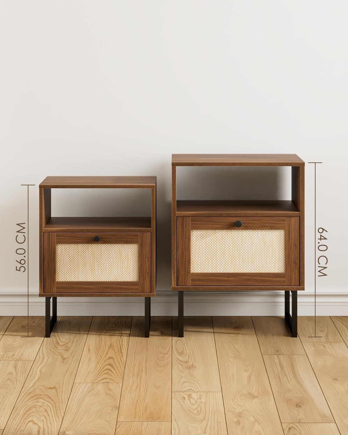 XL Rattan Bedside Table with Drawer Walnut Wood Nightstand Boho Farmhouse Style