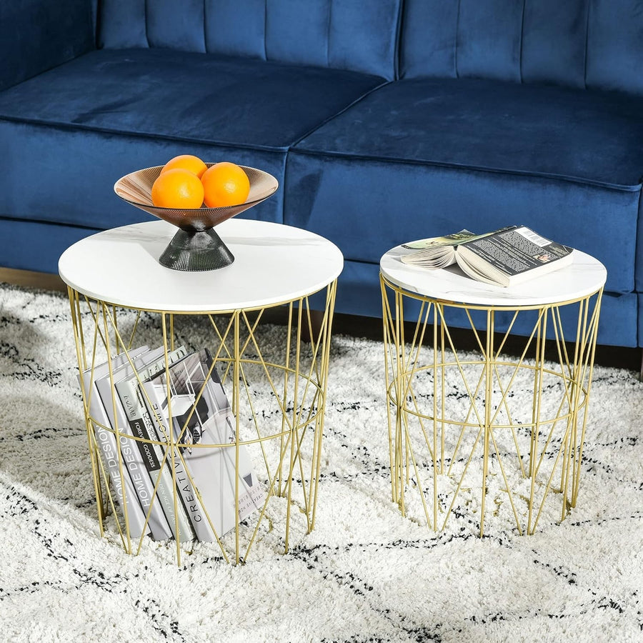 Set of 2 Gold Nesting Side Tables Round Coffee End Table Storage Marble Effect