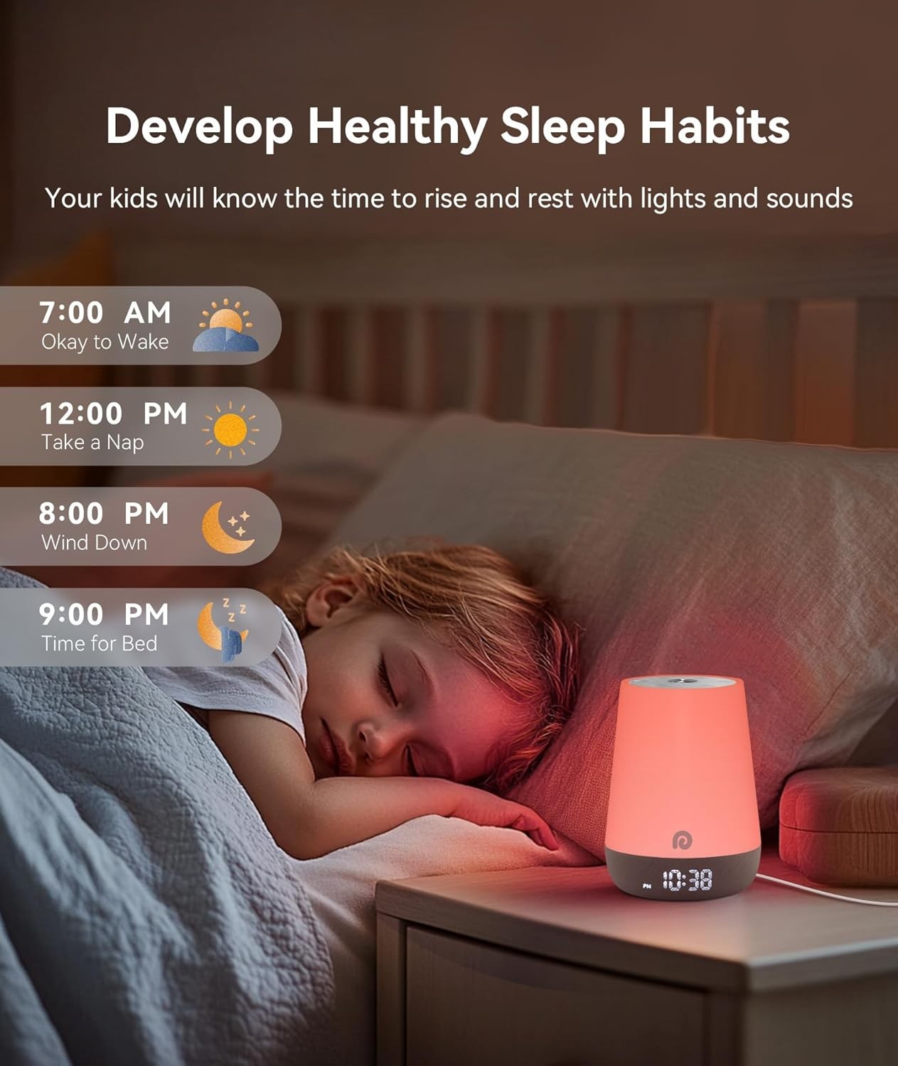 White Kids Sleep Trainer Clock White Noise Machine Night Light App Control