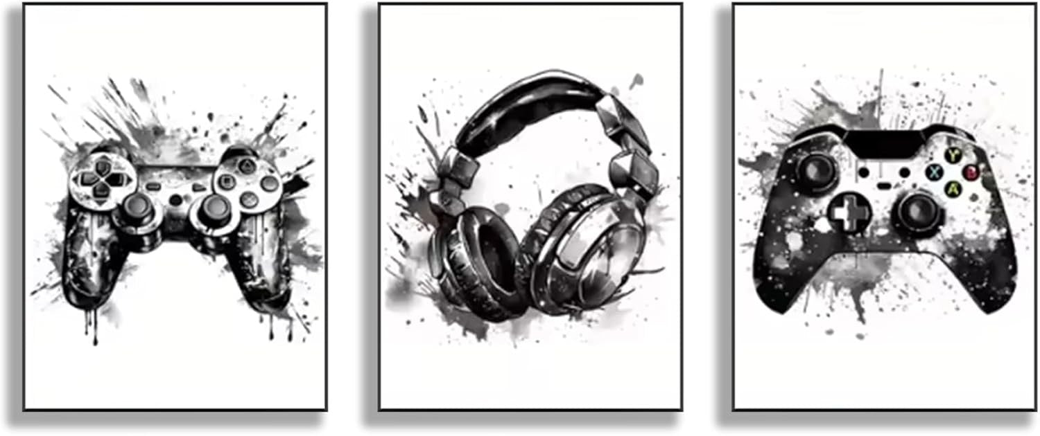 Gaming Wall Art Set of 3 Black White Canvas Prints 40x60cm Decor