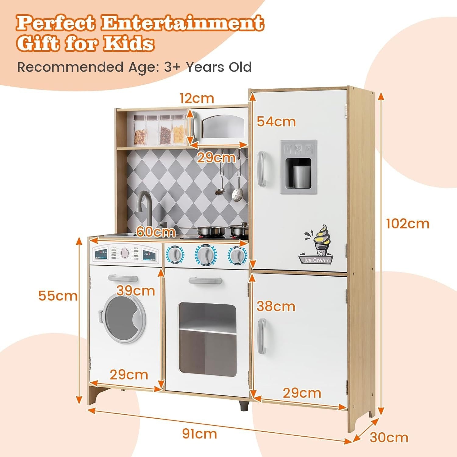 Large Wooden Kids Play Kitchen Natural White Lights Sounds Toy Set