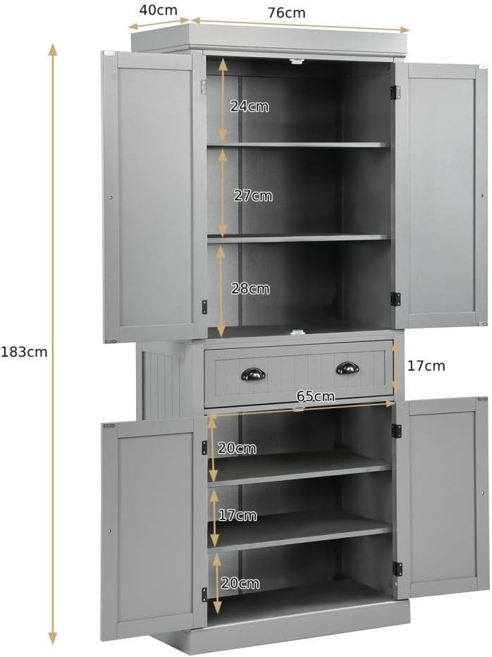 Grey Tall Kitchen Cupboard 4-Door Pantry Cabinet Drawer 183cm