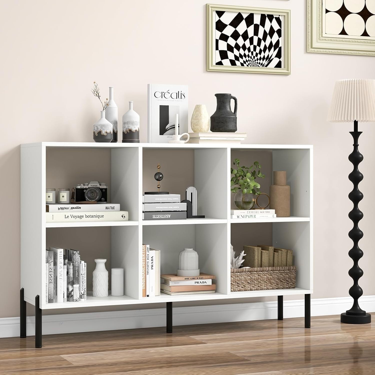 White 6-Cube Adjustable Storage Bookcase with Metal Legs 120x35x78cm