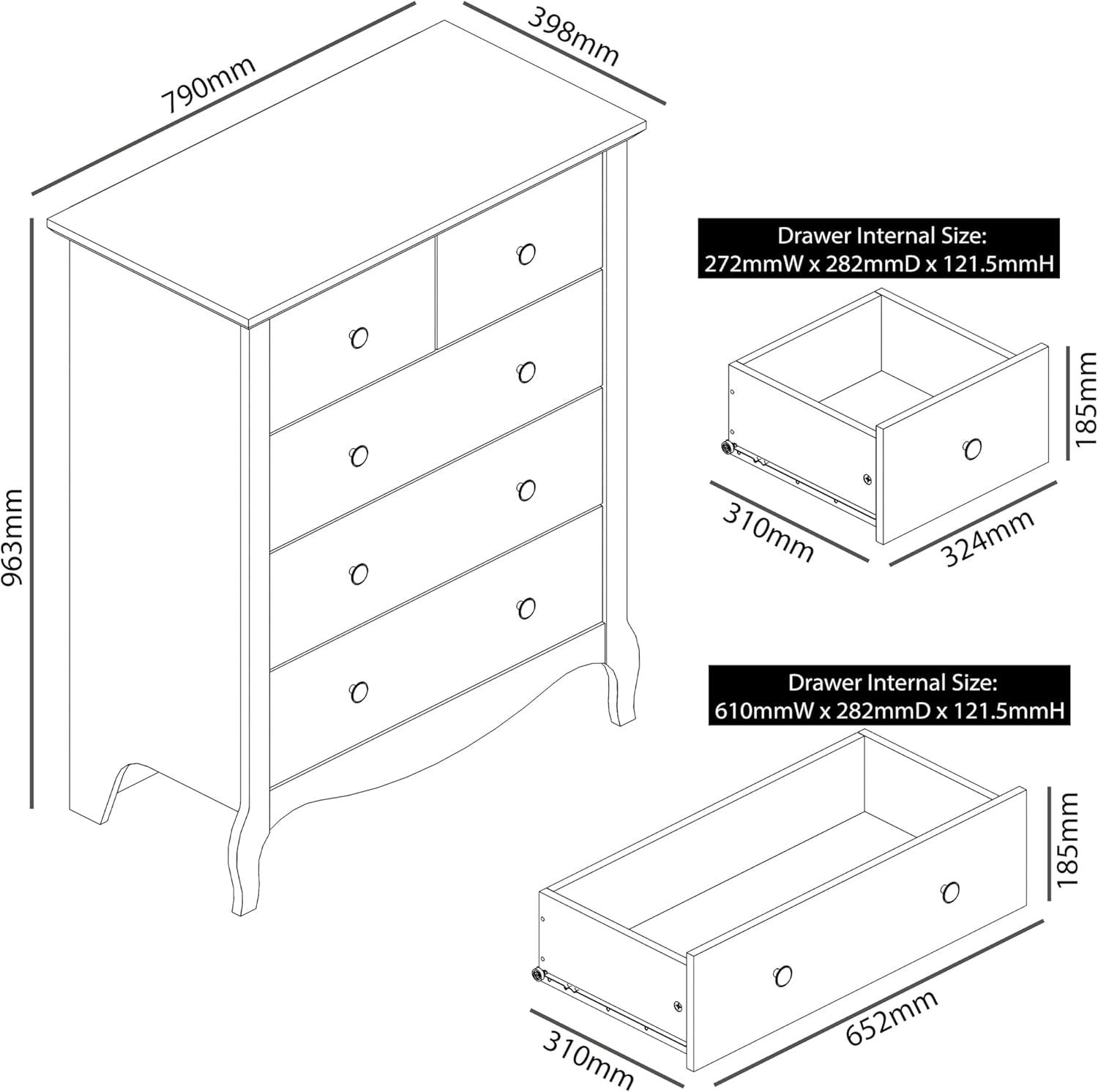 White 5 Drawer Chest Storage Cabinet Hallway Bedroom Modern Slim Unit