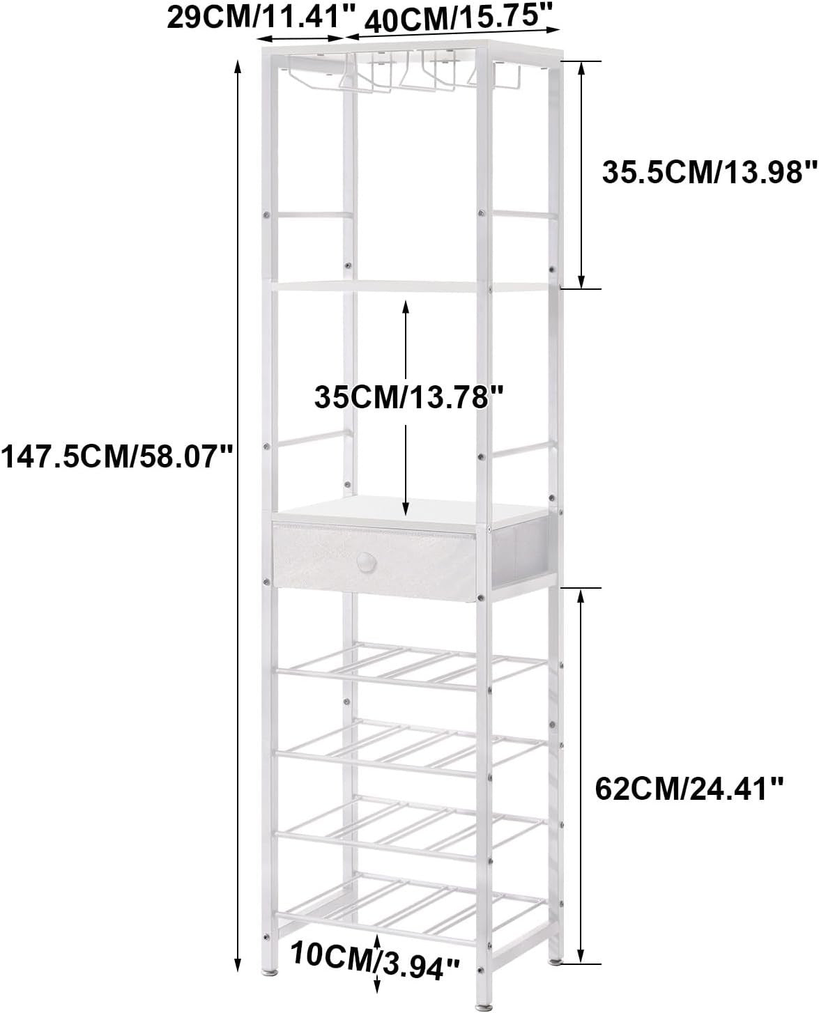 Freestanding Wine Rack Bar Cabinet White 4 Tier with Drawer & Glass Holder