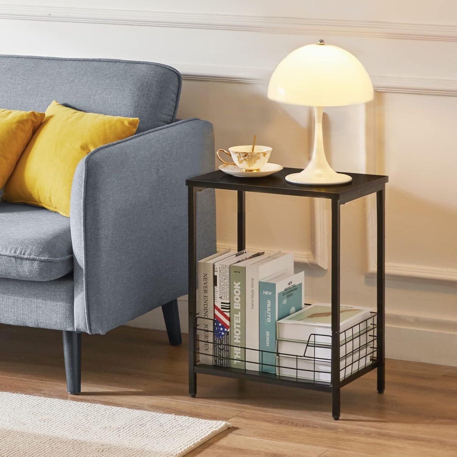 Set of 2 Black Industrial Side Tables with Storage Shelf – Sturdy & Multi-Use