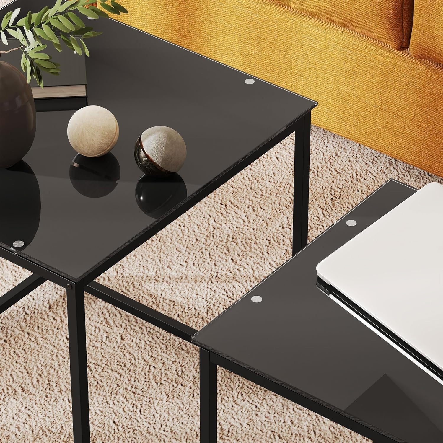 Nesting Coffee Table Set of 2 Black Tempered Glass Side End Tables Max 30KG