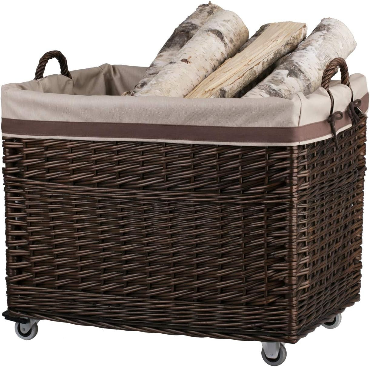 Wicker Log Basket on Wheels Rustic Wood Holder Toy Box Indoor Storage