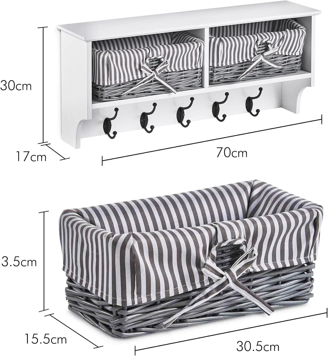 White Wall Mounted Coat Rack Shelf | 2 Wicker Baskets & 5 Hooks Hallway Unit