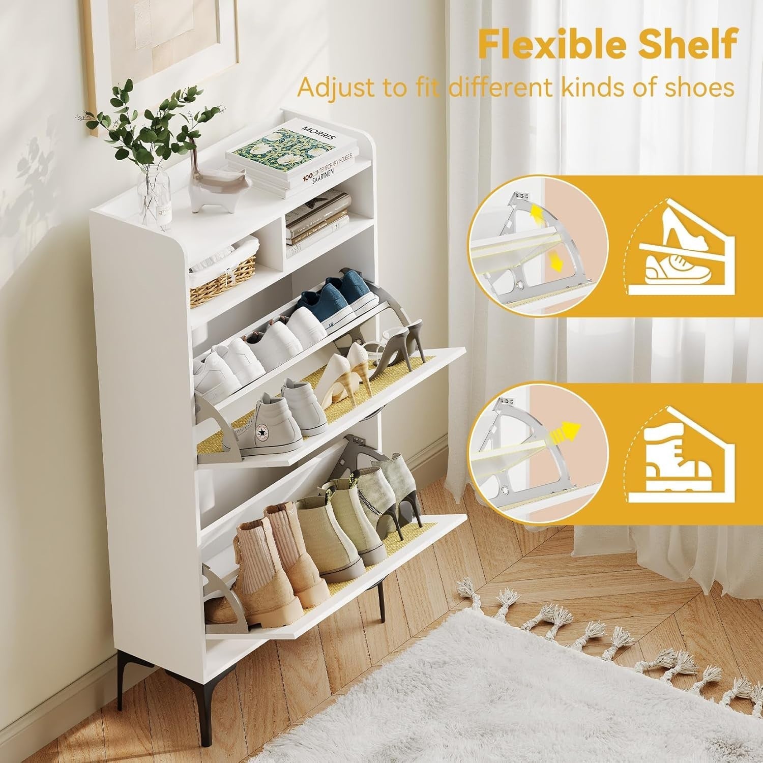 Compact Rattan White Shoe Cabinet 2 Flip Drawers + Open Storage 60x24x114cm