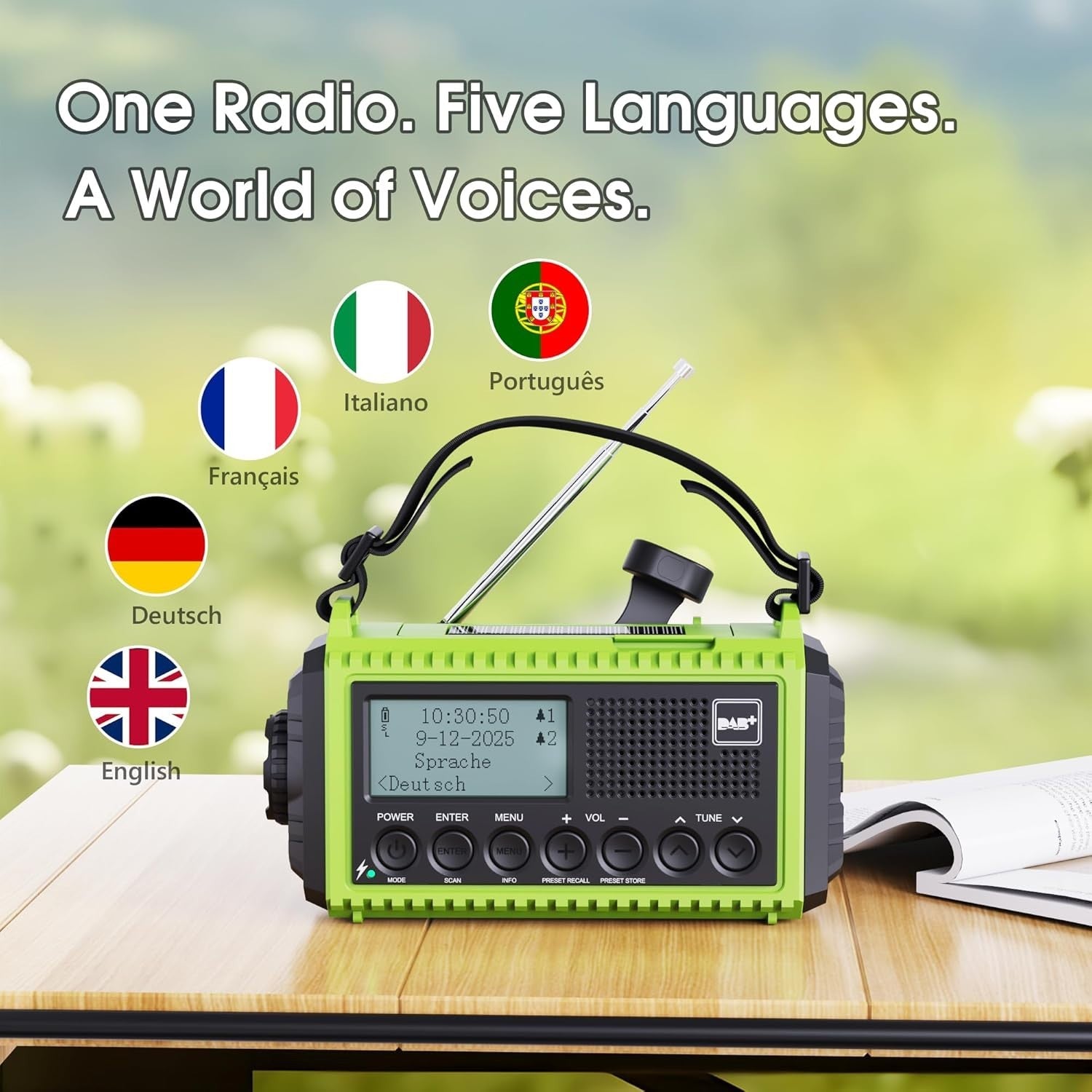 Yellow Wind Up Solar Radio DAB, FM 5000mAh Power Bank Flashlight SoS