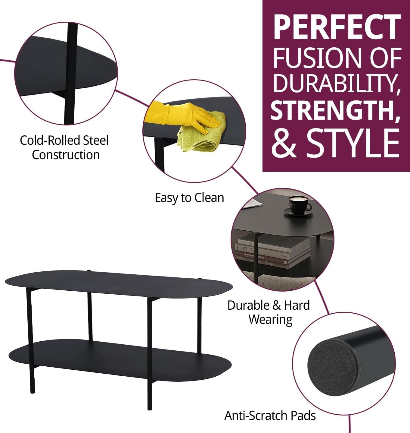 Black Oval Coffee Table with Shelf, Metal Frame 100x50x45cm