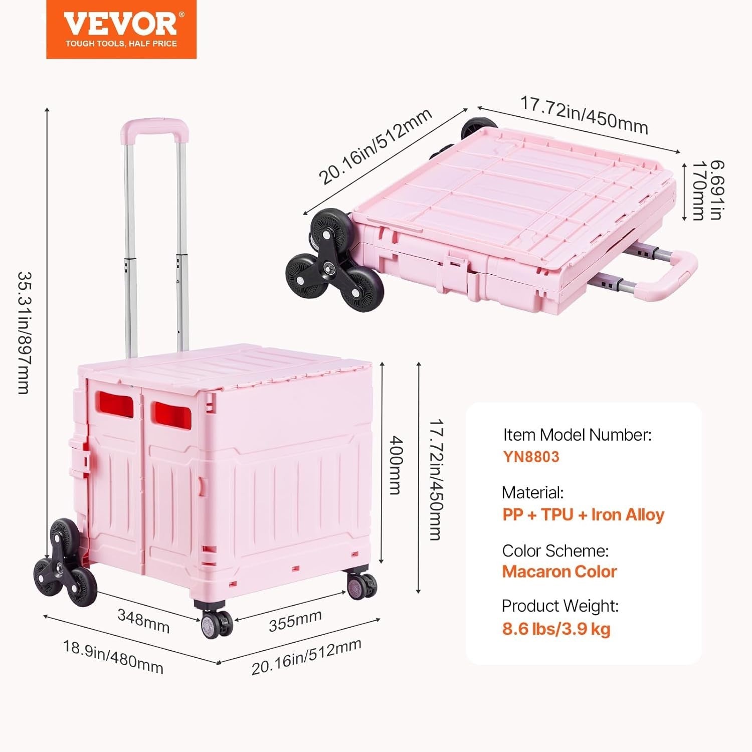 Foldable 65L Utility Cart Stair Climber Wheels Portable Pink