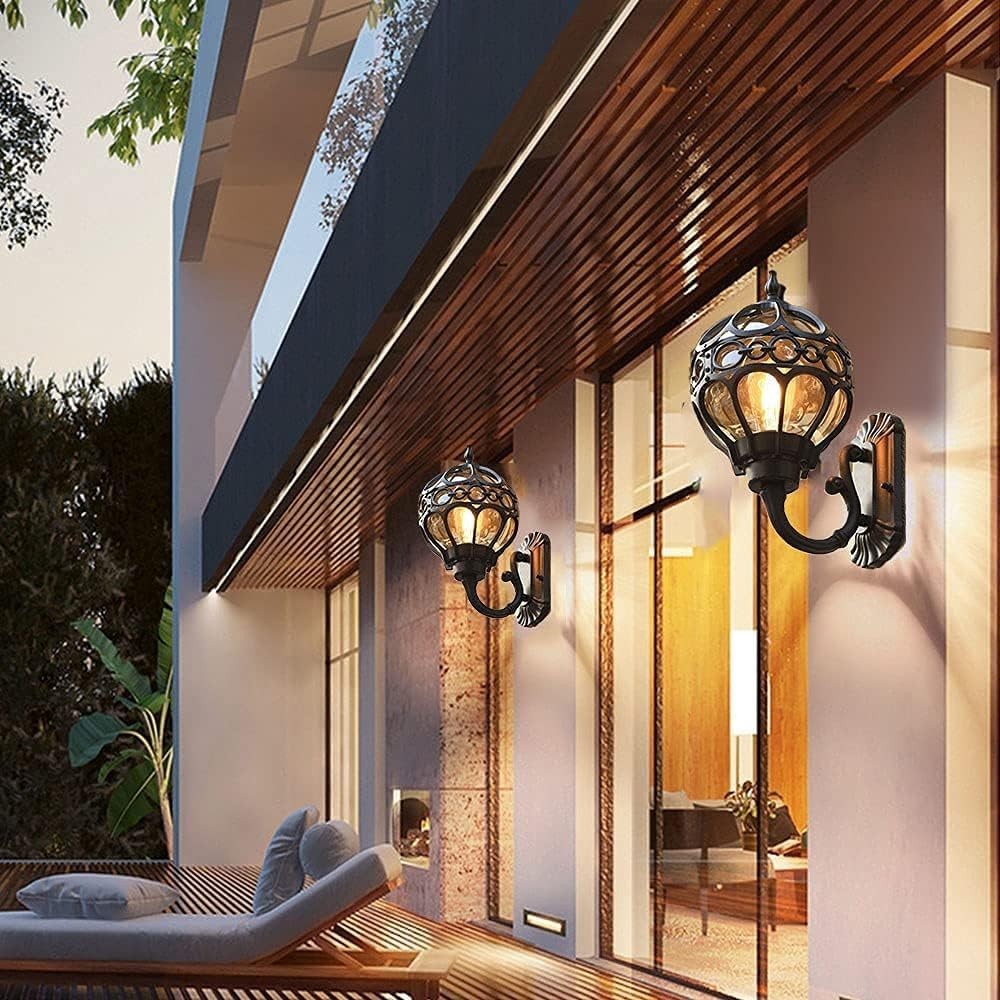 Vintage Outdoor Wall Lantern – Waterproof Black Glass Sconce Light