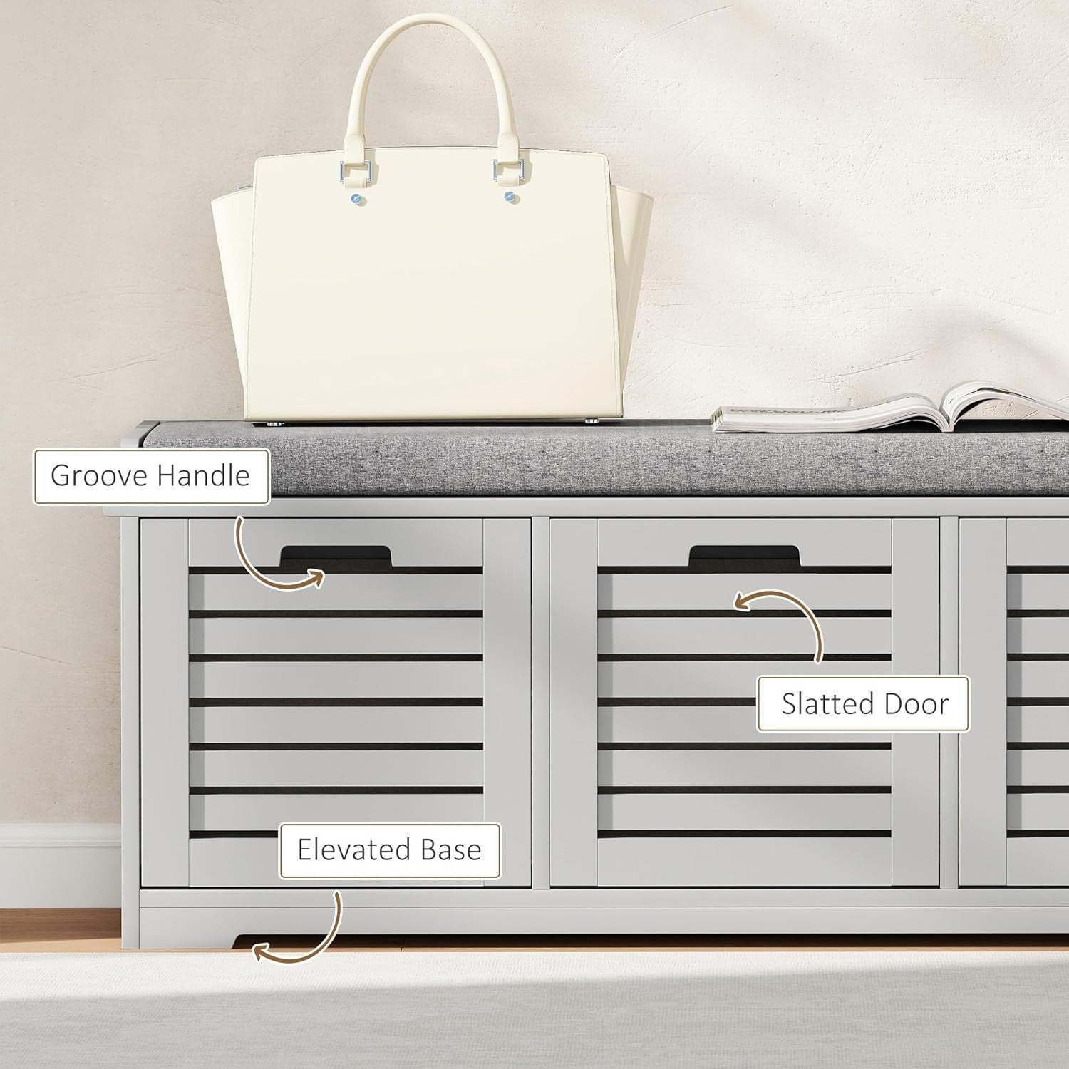 Space-Saving Shoe Storage Bench with 3 Drawers & Cushioned Seat – Grey