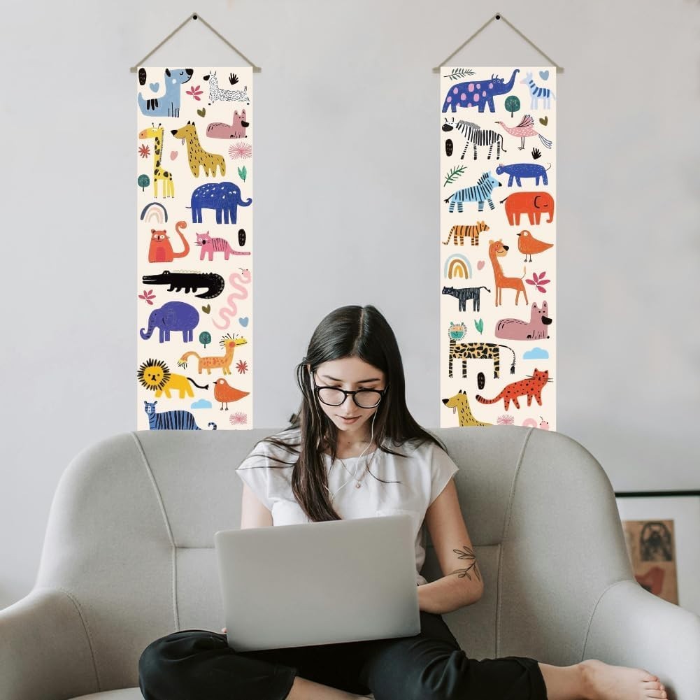 Boho Zoo Animal Tapestry 2pcs 45.7x13in Vertical Wall Hanging