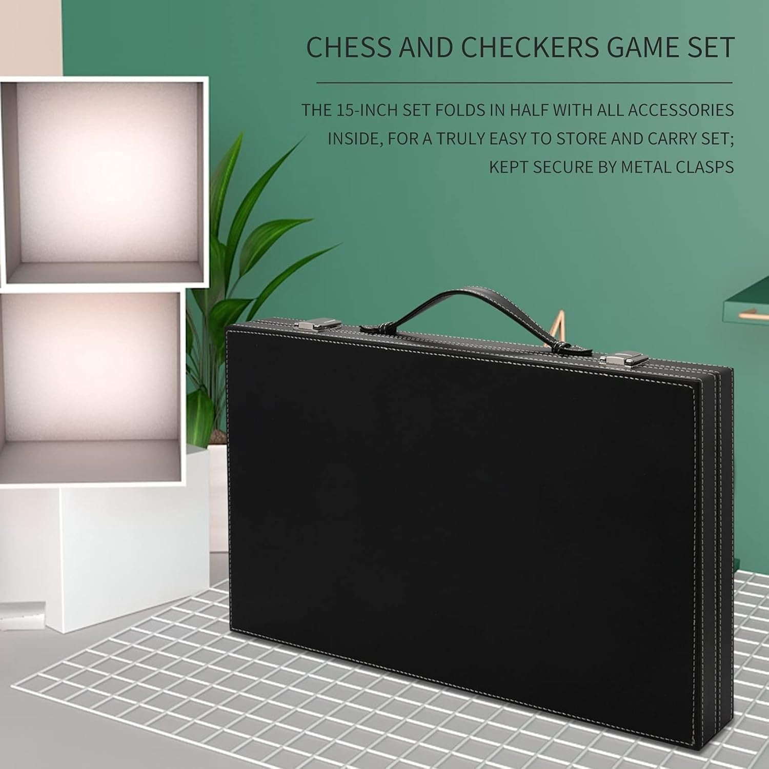 Backgammon Travel Set 14.75 Inch Folding Board with Case Dice Cups