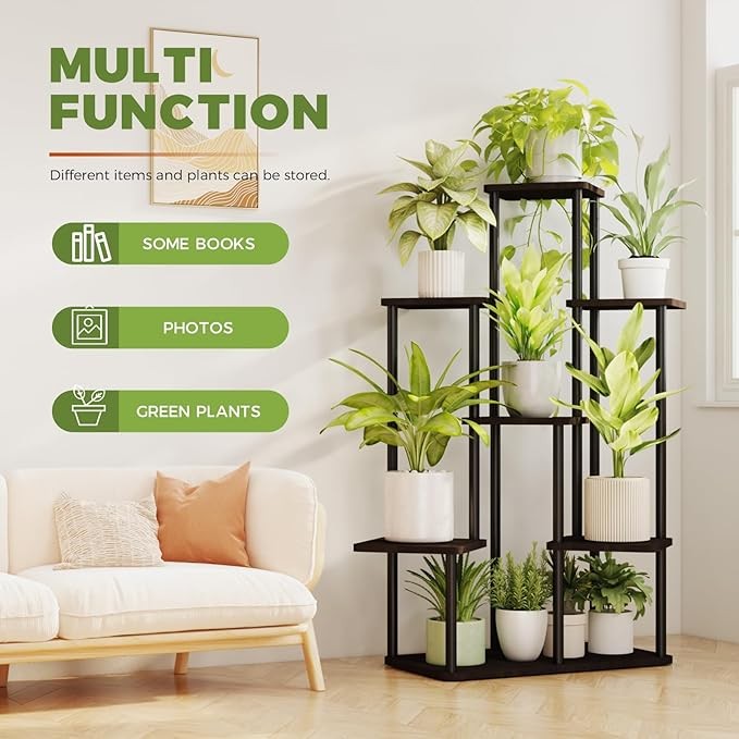 7 Tier Tall Metal Wood Plant Stand Indoor Outdoor Multi-Level Flower Shelf