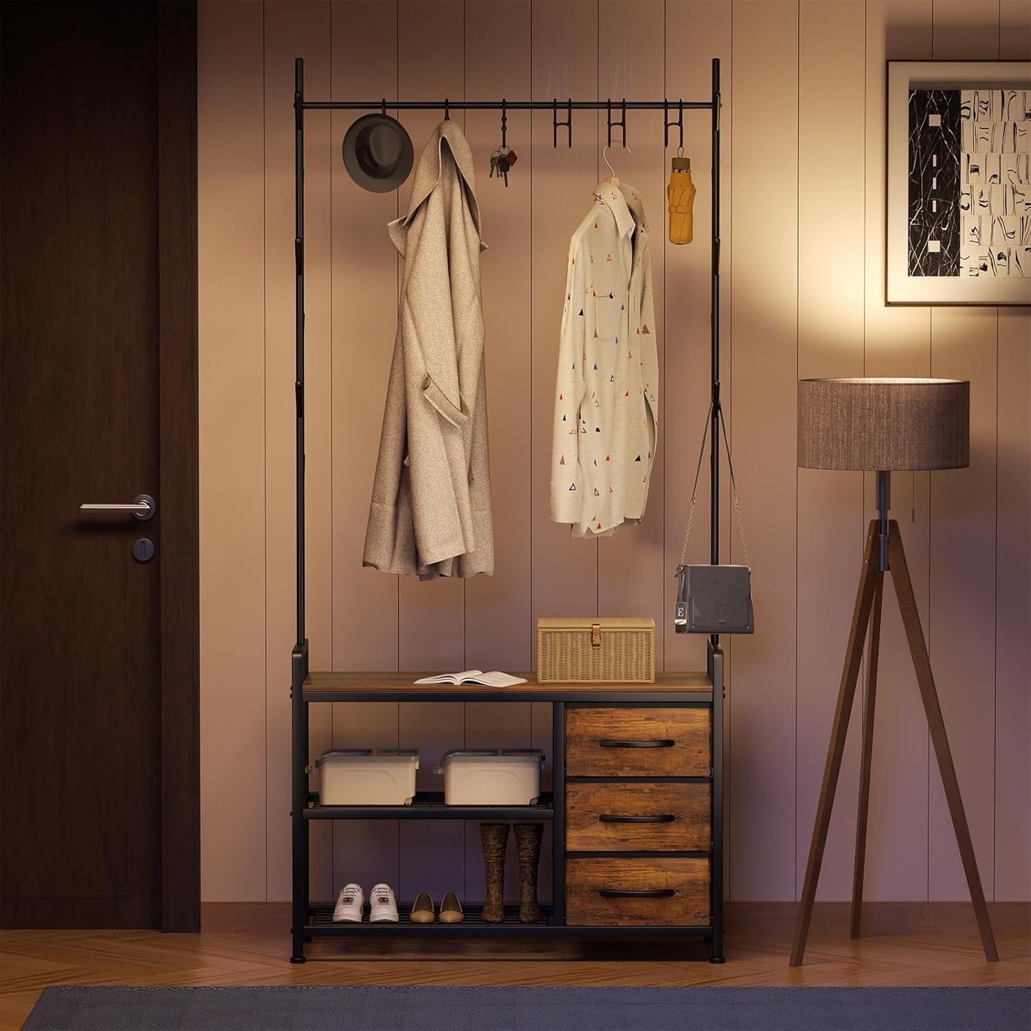 Industrial Coat Rack with Drawers & Shoe Bench | Rustic Brown Hall Tree Stand
