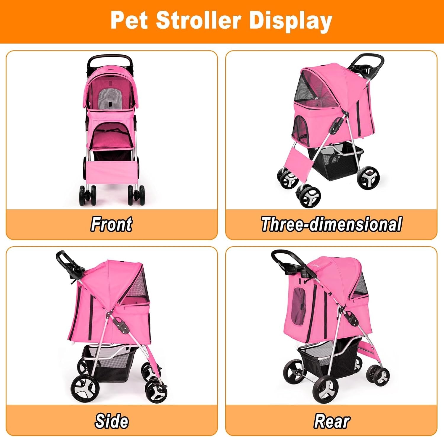 Pet Travel Stroller Dog Cat Pushchair 4 Wheel Folding Pram Jogger Pink