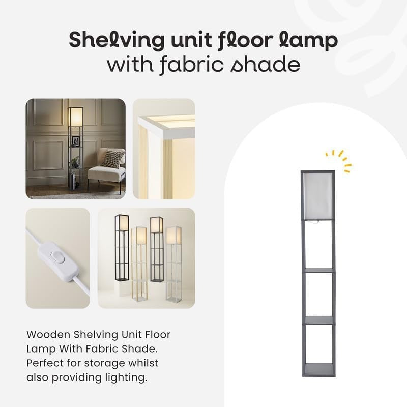 Wooden Floor Lamp with Shelves Black Modern Standing Light Storage