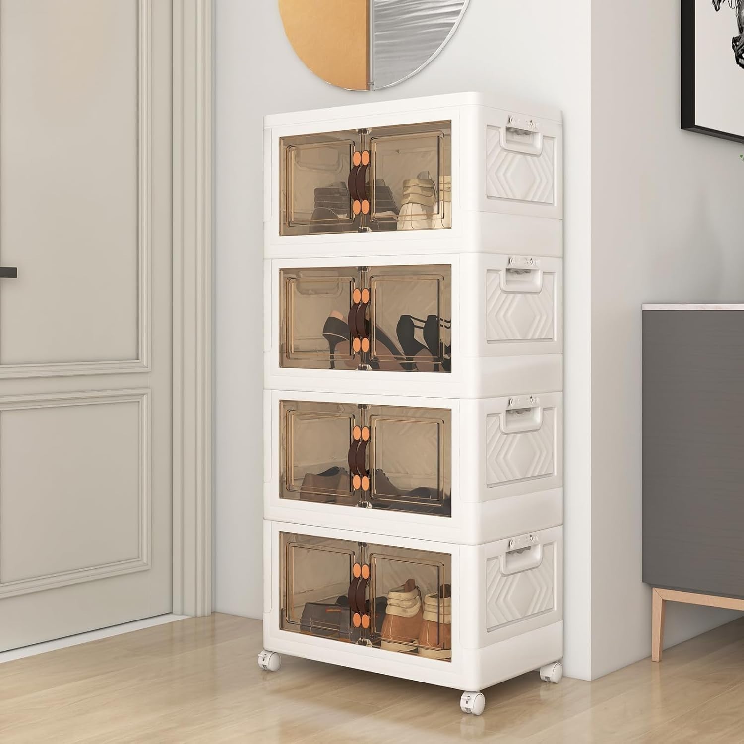 4-Tier Lockable Wheeled Shoe Storage Cabinet Folding Stackable Organizer