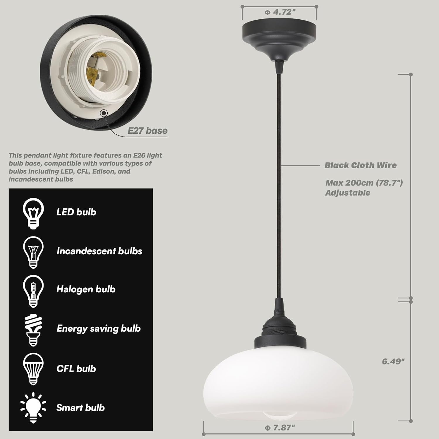 Vintage Glass Pendant Light White Globe Kitchen Island Ceiling Lamp E27