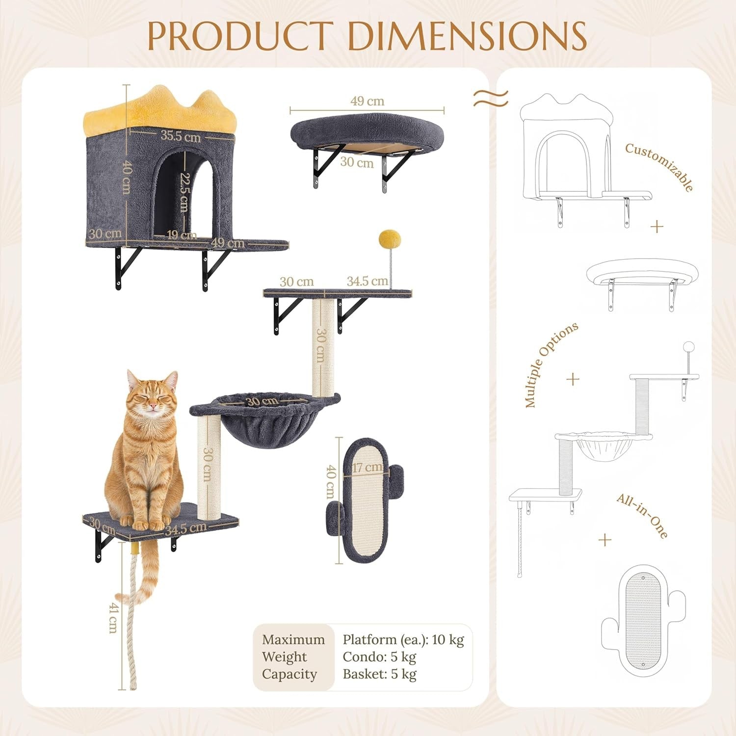 Wall Mounted Cat Shelves Climbing Set with Scratching Posts Perches Dark Grey