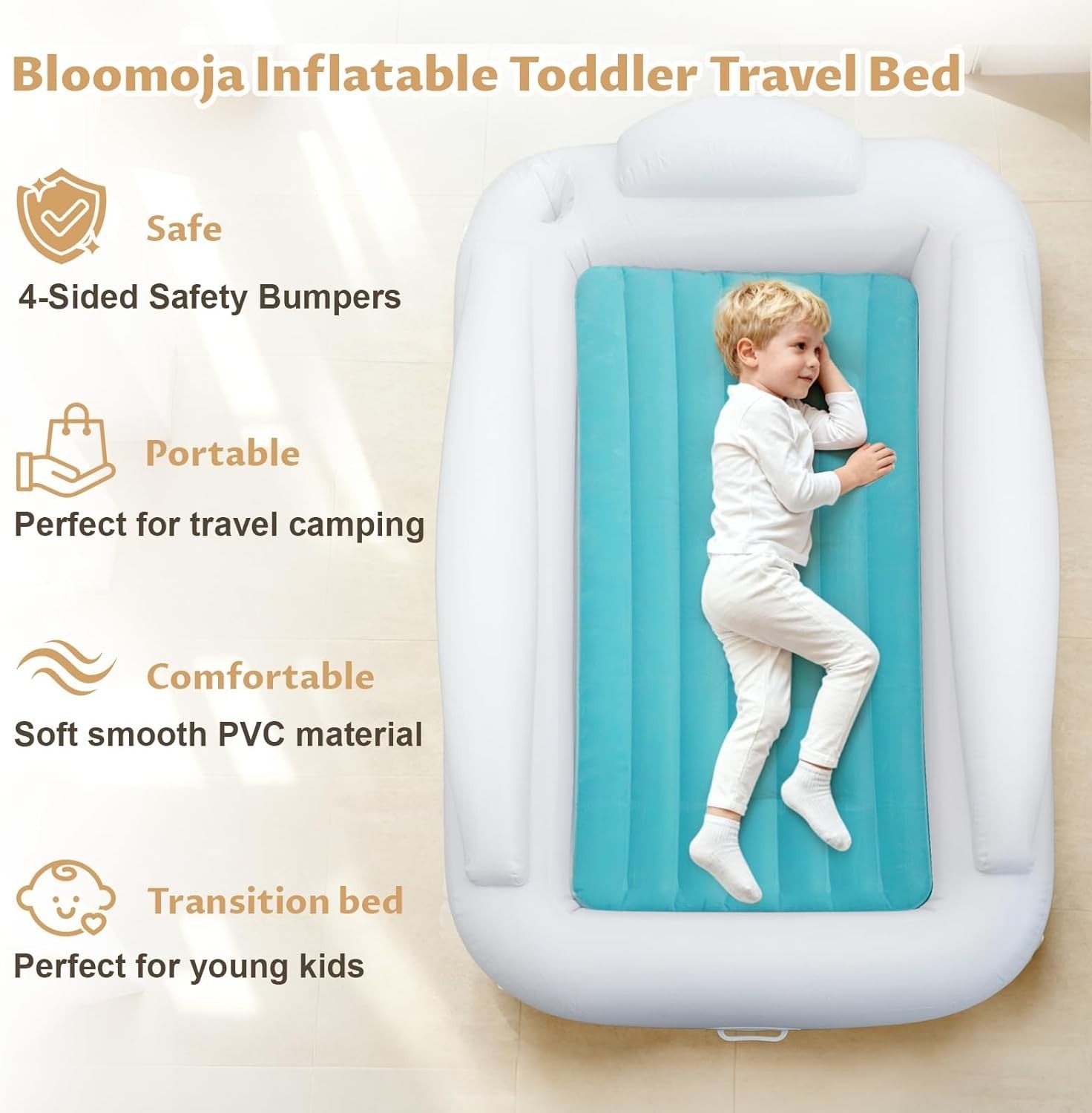 Inflatable Toddler Travel Bed 63” Kids Air Mattress with Bumpers