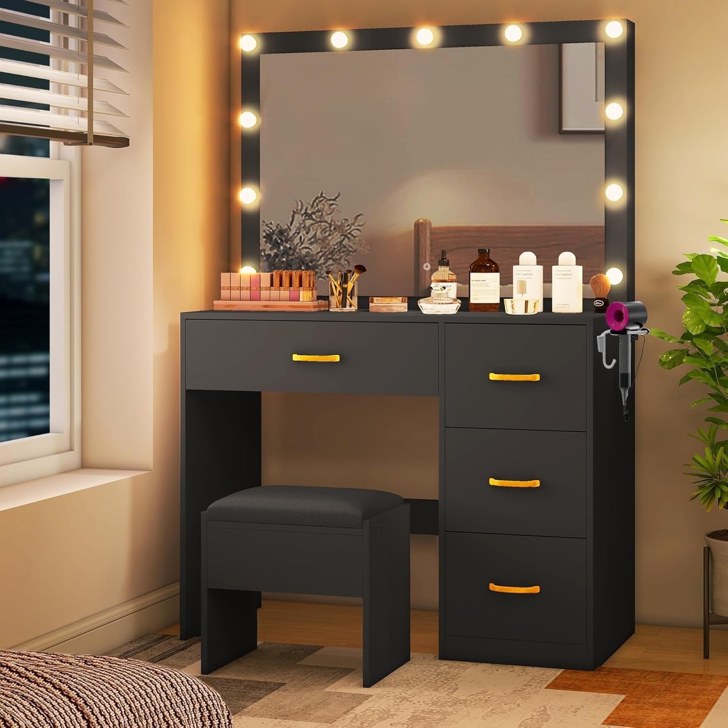 Black Vanity Set with Lighted Mirror Desk 4 Drawers Stool Power Outlet Station