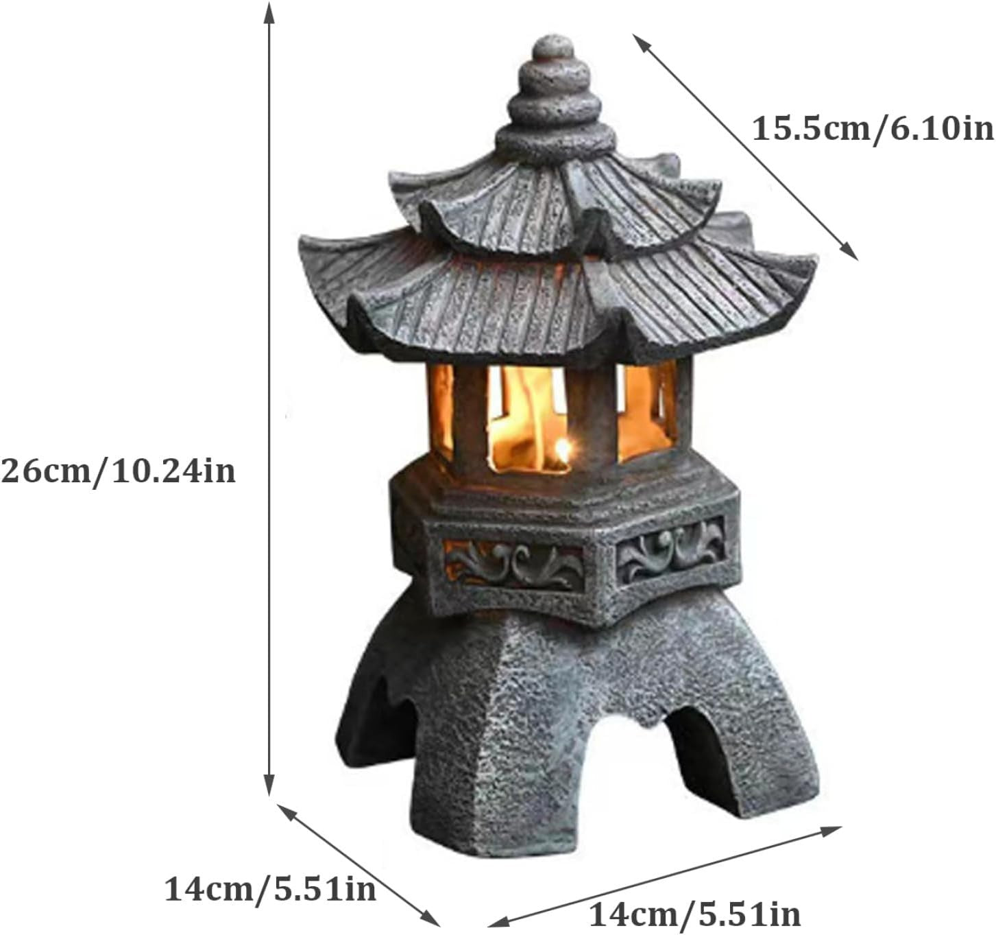 Japanese Garden Solar Pagoda Lantern, 10.4" Resin Zen Statue with LED Light