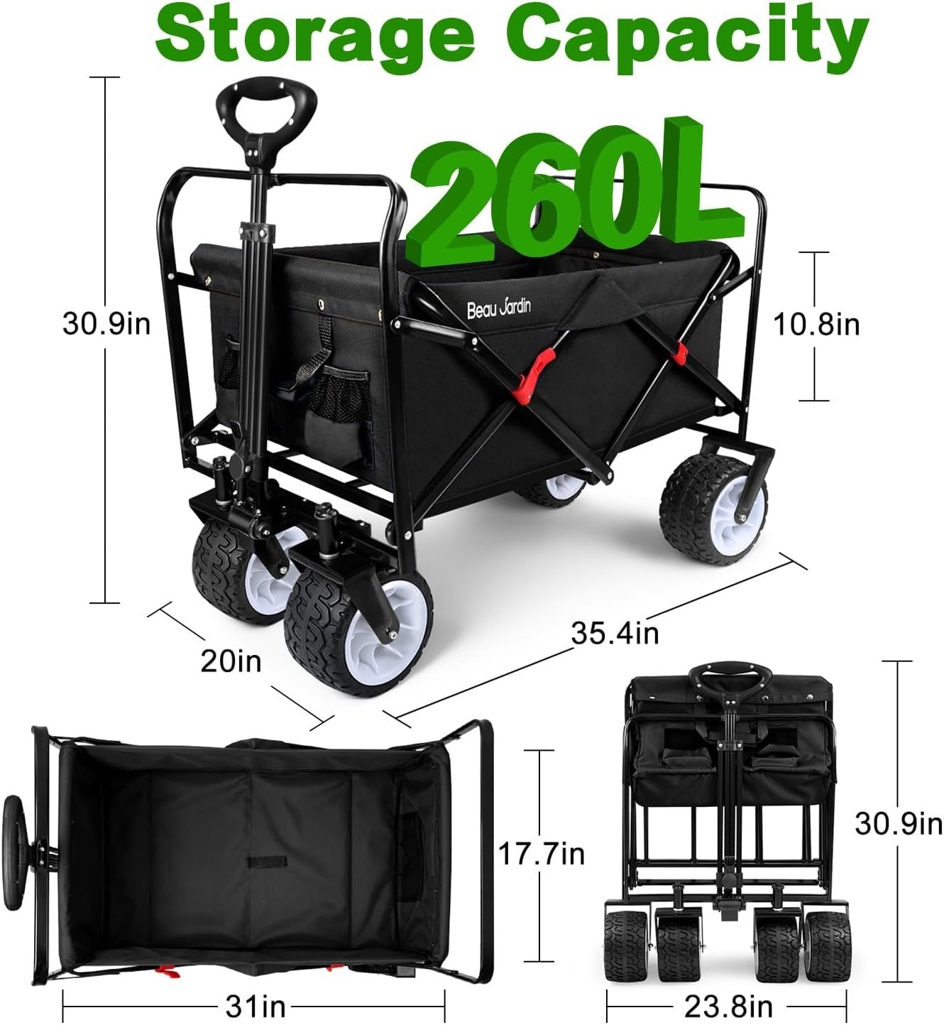Heavy Duty 460lbs Folding Wagon 260L Collapsible Cart w/ All-Terrain Wheels