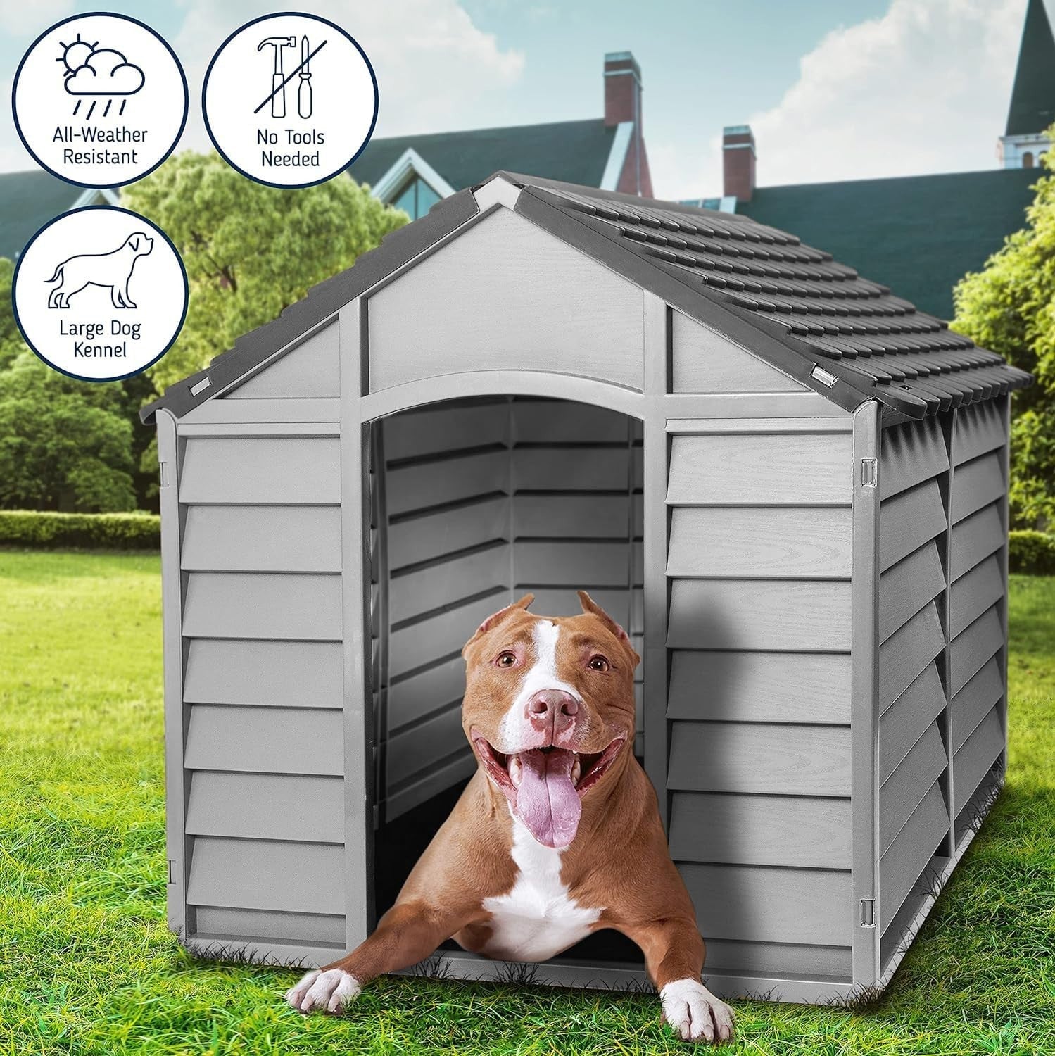 Large Grey Outdoor Dog Kennel Shelter Weatherproof Easy Assemble Clean