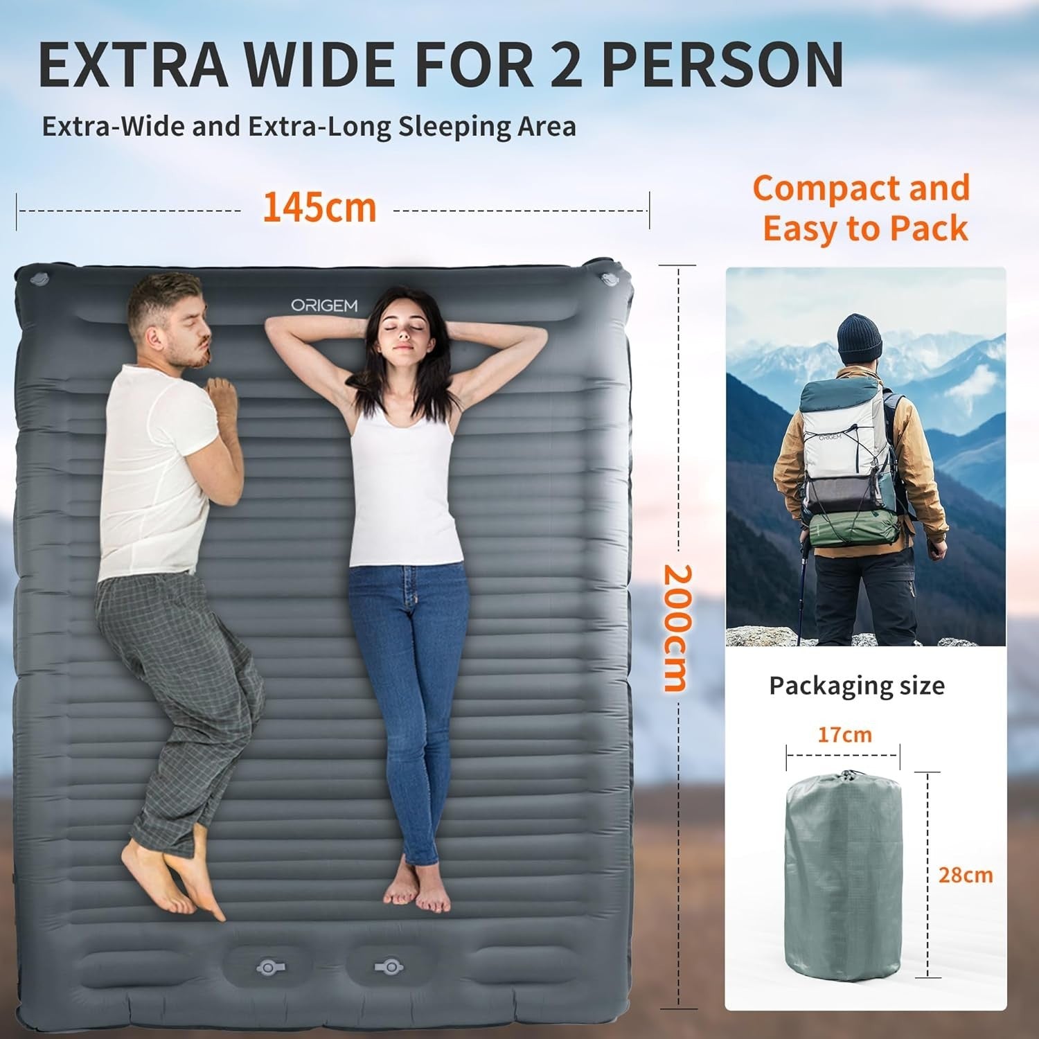Self-Inflating Double Camping Mattress | Extra Thick, Wide, Portable