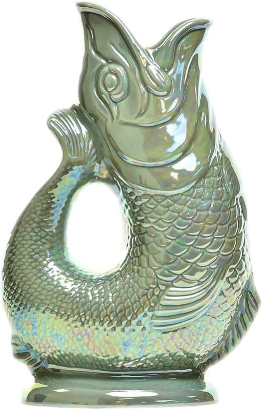 Sage Lustre XL Gluggle Jug 1.4L – Iridescent Ceramic Fish Pitcher Vase Décor