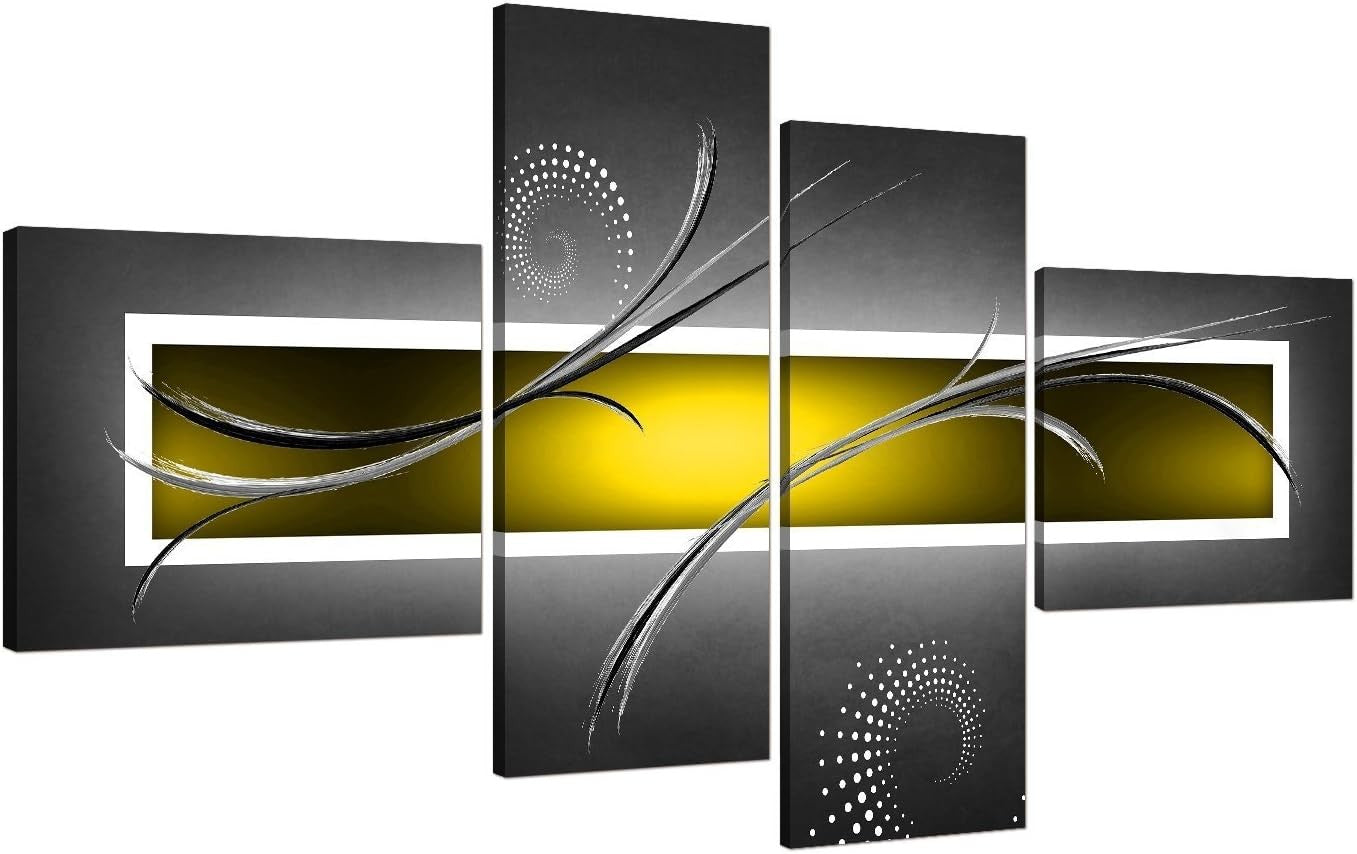 Yellow Grey Abstract Canvas Wall Art 4 Panel Set