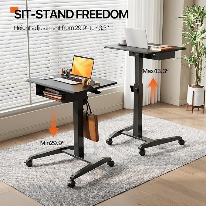 Height Adjustable Rolling Laptop Desk With Shelf Standing Table on Wheels