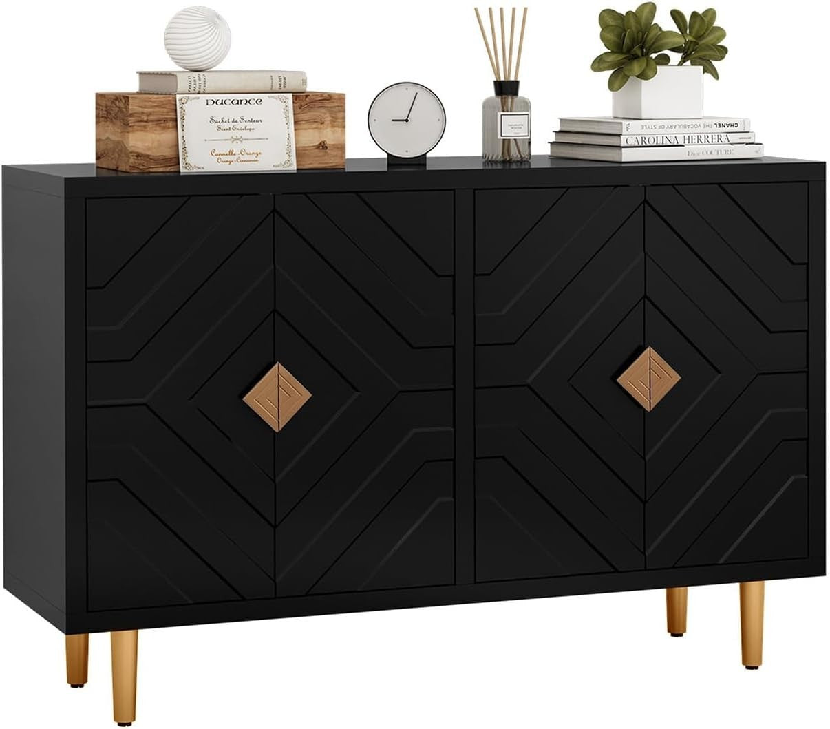 Black Modern Sideboard Cabinet 4 Doors Waterproof Storage Buffet Table