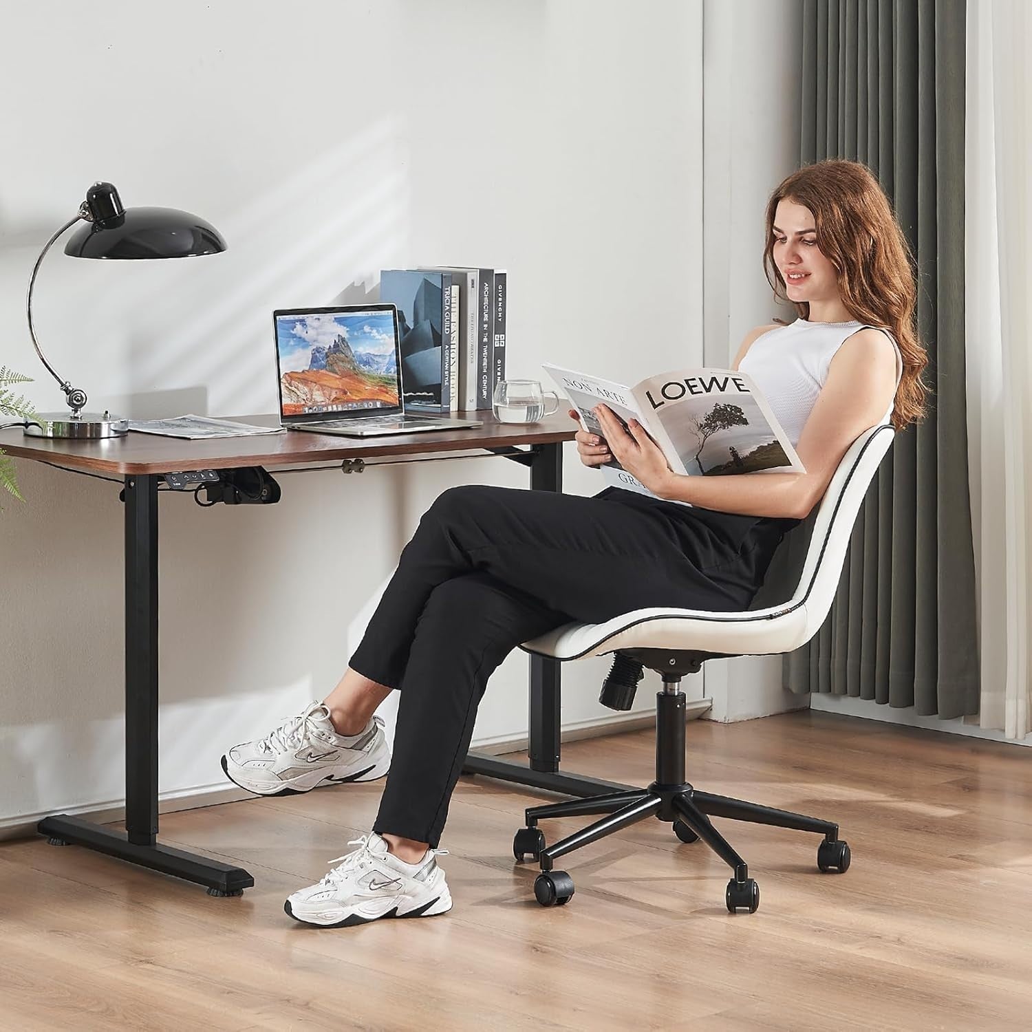 Ergonomic Office Chair White Faux Leather Desk Chair Adjustable Swivel Wheels