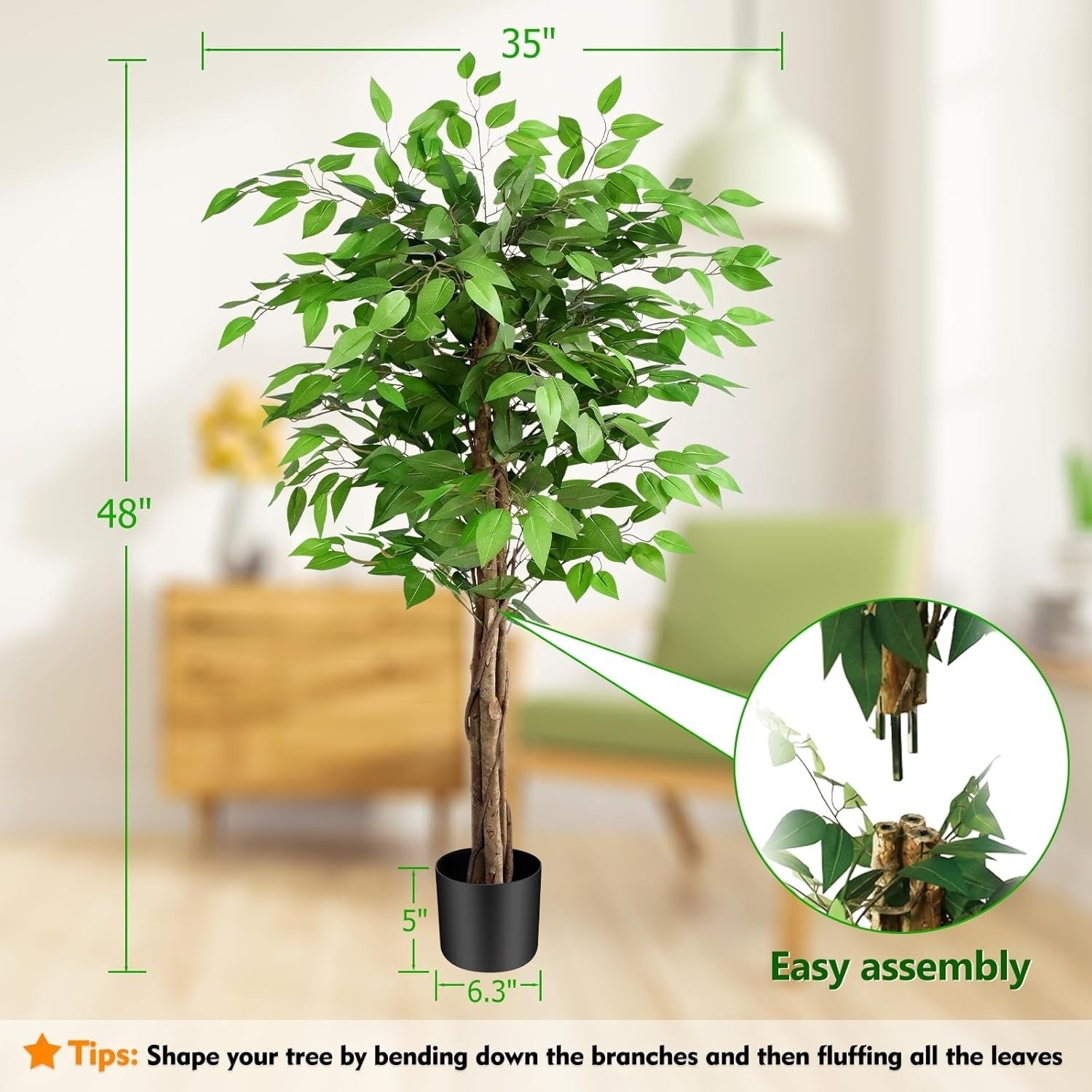 5ft / 150cm Artificial Ficus Tree w/ Curved Trunks Green Leaf Indoor Home Decor