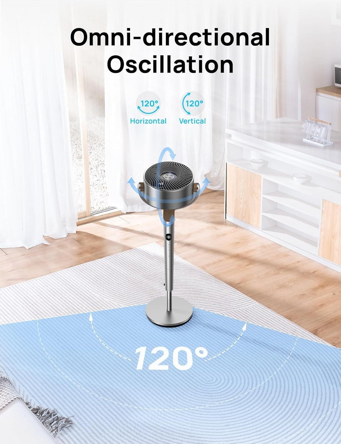 Cool Standing Floor Fan with Remote Control - 8 Speeds 3 Modes Adjustable Silver