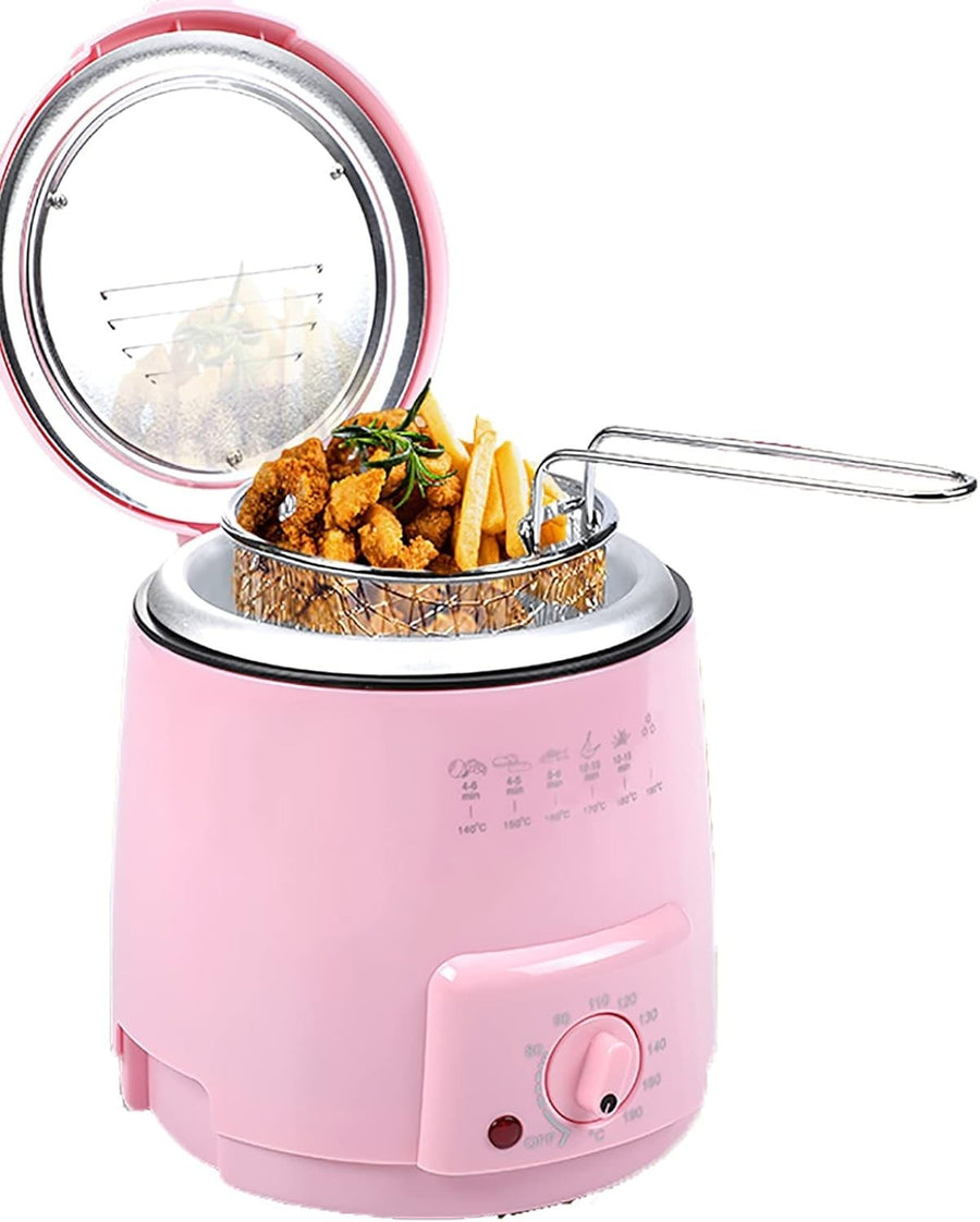 0.9L Electric Deep Fryer 600W Mini Countertop Adjustable Temp Pink