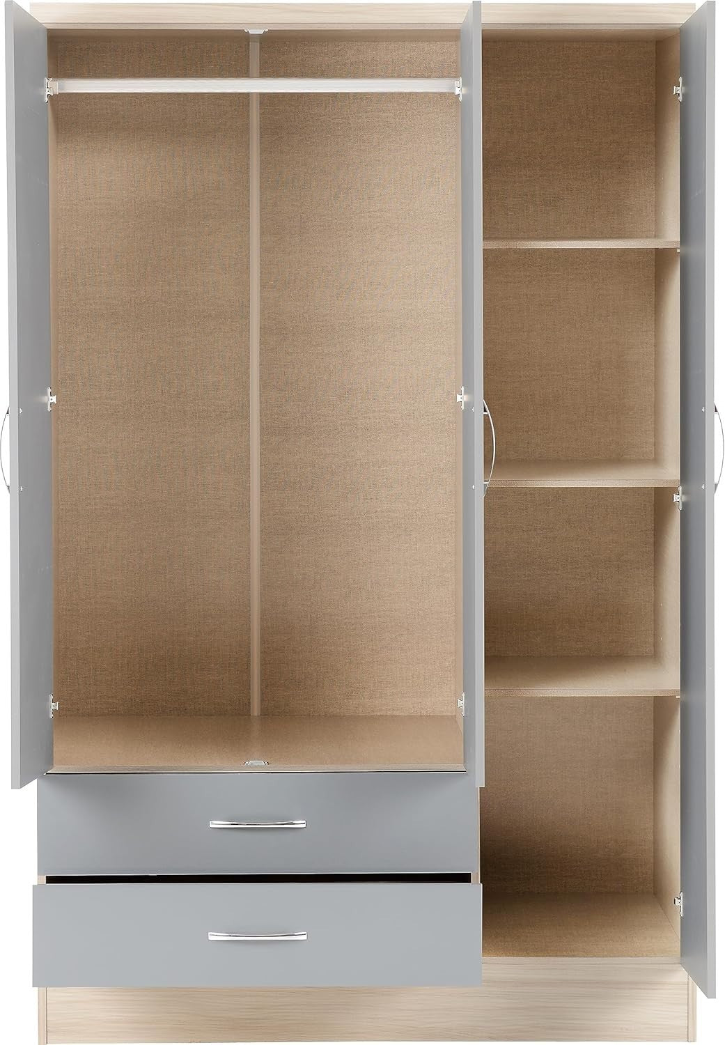 3 Door 2 Drawer Wardrobe Grey Gloss & Light Oak Effect Mirror Storage Unit
