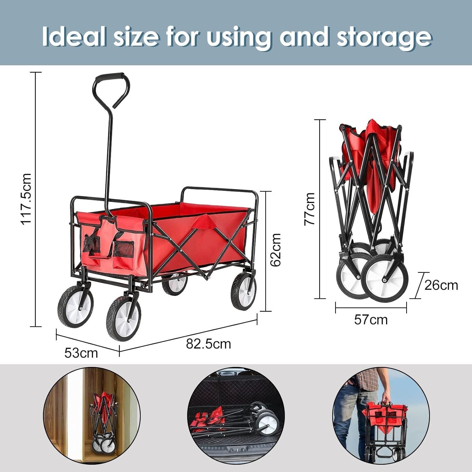 Red Folding Camping Wagon Heavy Duty Collapsible Garden Beach Cart w/ Side