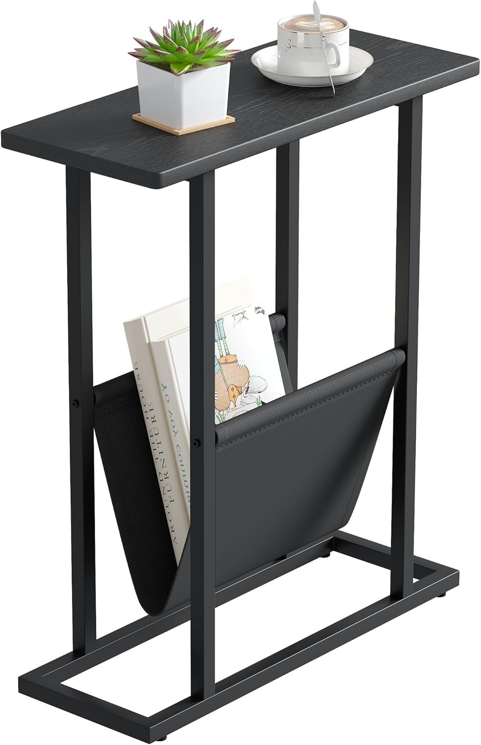 Narrow Black Side Table with Storage Bag Slim Sofa Bedside Small Space 18x45x54