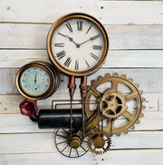 Steampunk Pipe Gear Wall Clock Industrial Gold Retro Temp Display 58x48cm