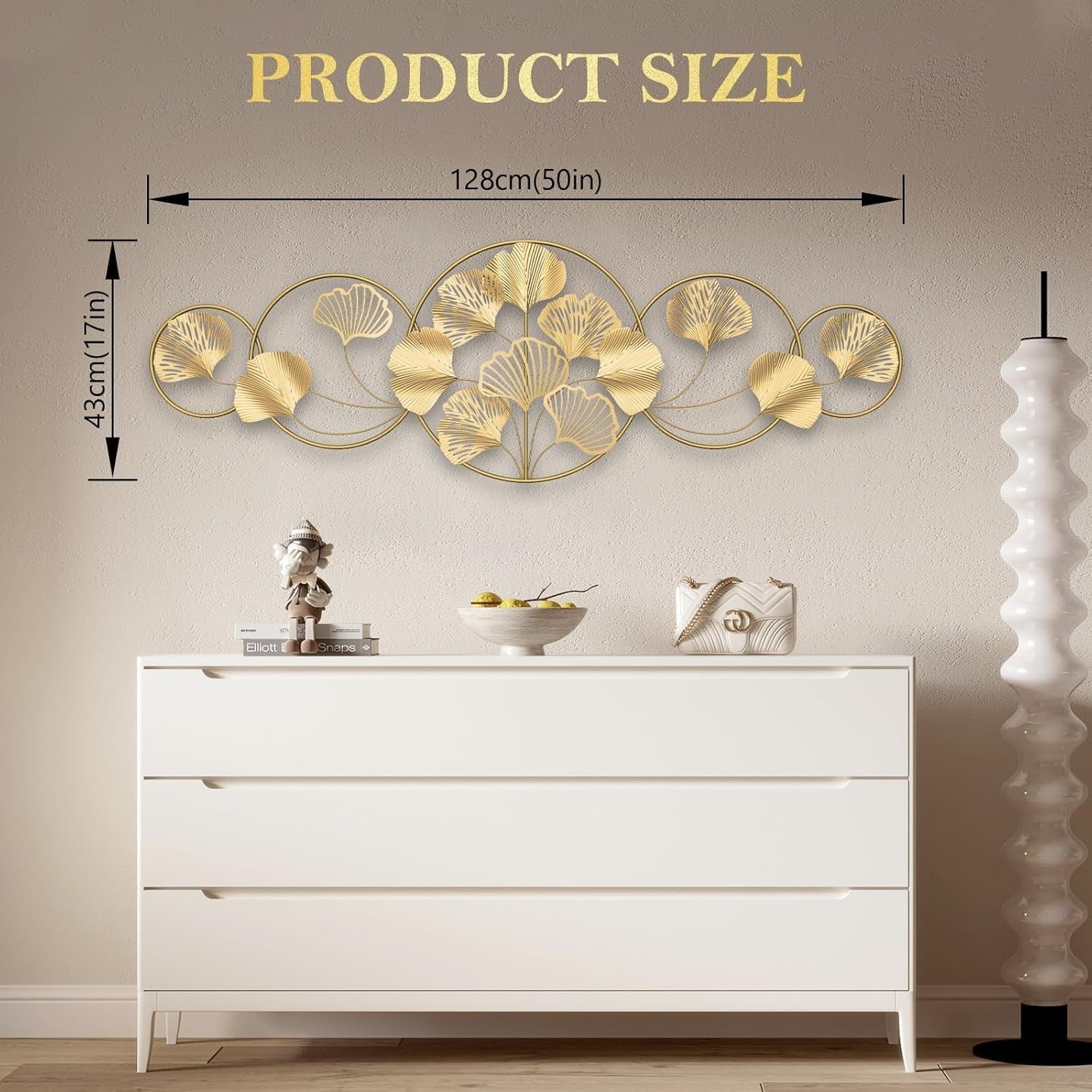 Gold Ginkgo Leaf Metal Wall Art Large Luxury Decor 128x43cm