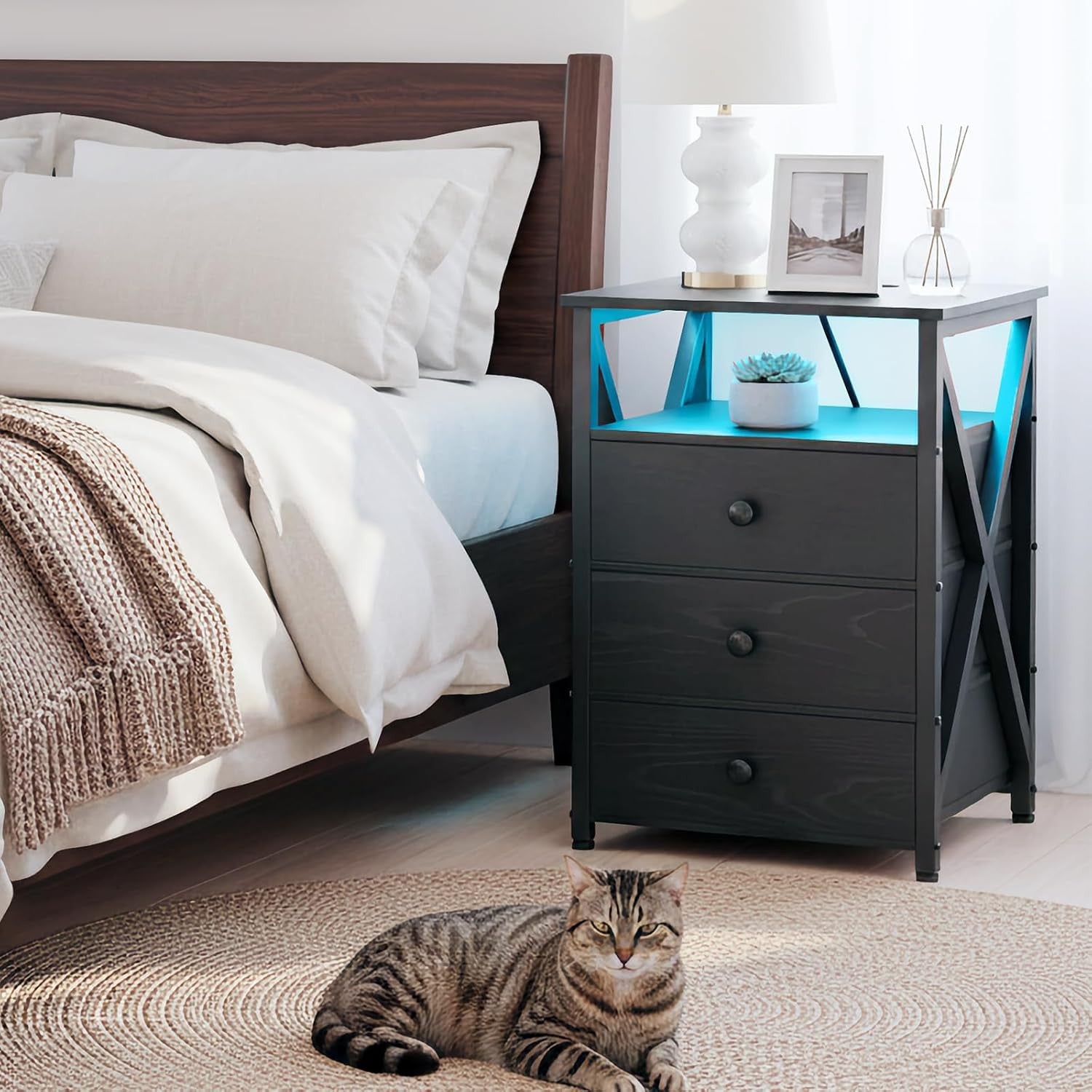 Set of 2 Black LED Bedside Tables with Charging Station & 3 Drawers Modern